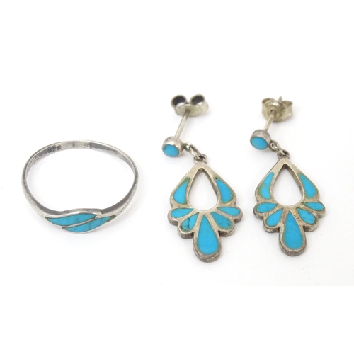 755 - A silver ring set with turquoise detail, together with drop earrings. Ring size approx. M 1/2. (2+1)