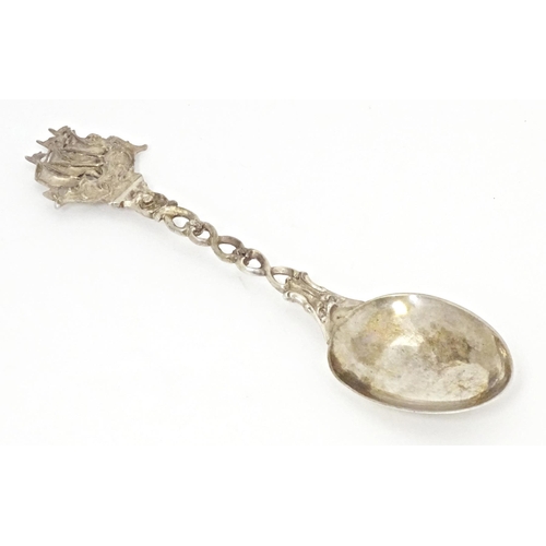 261 - A Continental silver spoon with sailing ship to handle, with Victorian import marks for London 1892,... 