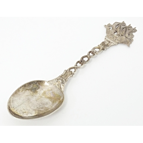 261 - A Continental silver spoon with sailing ship to handle, with Victorian import marks for London 1892,... 