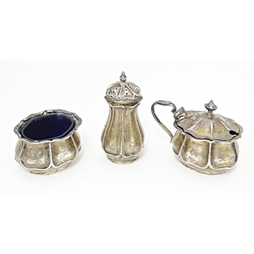 313 - A quantity of assorted items to include a silver three piece cruet set comprising salt, mustard and ... 