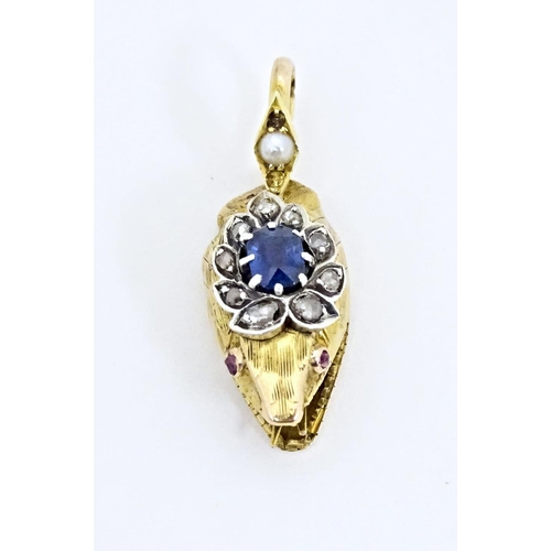 646 - A gold pendant of Georgian serpent / snake head set with sapphire, diamonds, etc. Indistinctly marke... 