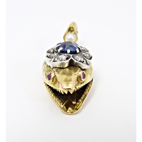 646 - A gold pendant of Georgian serpent / snake head set with sapphire, diamonds, etc. Indistinctly marke... 