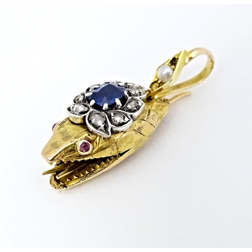 646 - A gold pendant of Georgian serpent / snake head set with sapphire, diamonds, etc. Indistinctly marke... 