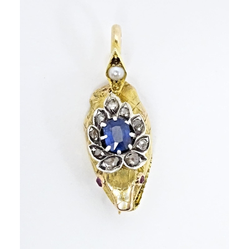 646 - A gold pendant of Georgian serpent / snake head set with sapphire, diamonds, etc. Indistinctly marke... 