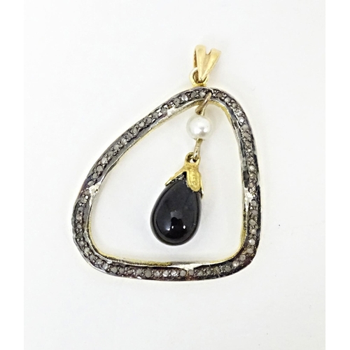 677 - A yellow metal pendant set with diamonds and white stones with central pearl and black onyx drop. Ap... 