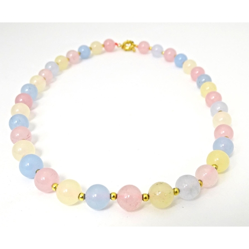 689 - A bead necklace of pink, blue and cream, coloured tourmaline beads. Approx 18