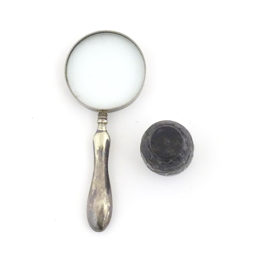 1149 - A 20thC Irish magnifying glass with silver plate handle with inlaid shamrock decoration. Together wi... 