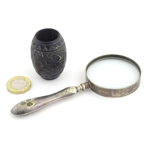 1149 - A 20thC Irish magnifying glass with silver plate handle with inlaid shamrock decoration. Together wi... 