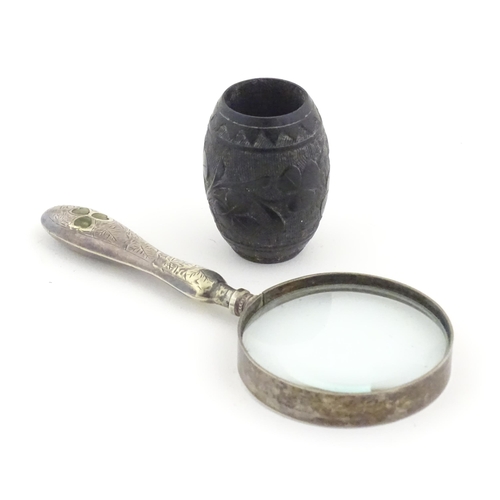 1149 - A 20thC Irish magnifying glass with silver plate handle with inlaid shamrock decoration. Together wi... 