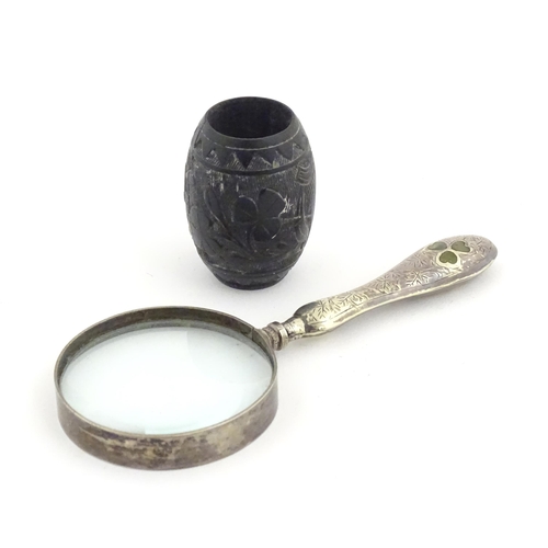 1149 - A 20thC Irish magnifying glass with silver plate handle with inlaid shamrock decoration. Together wi... 