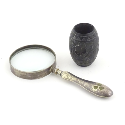 1149 - A 20thC Irish magnifying glass with silver plate handle with inlaid shamrock decoration. Together wi... 