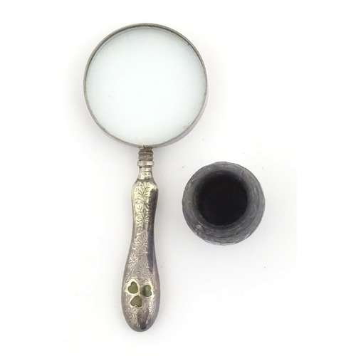 1149 - A 20thC Irish magnifying glass with silver plate handle with inlaid shamrock decoration. Together wi... 