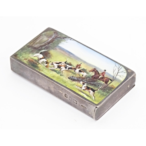 374 - Sampson Mordan & Co.: A Victorian silver vesta case with enamel hunting scene to top, hallmarked Lon... 