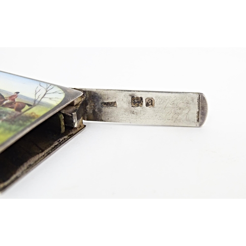 374 - Sampson Mordan & Co.: A Victorian silver vesta case with enamel hunting scene to top, hallmarked Lon... 