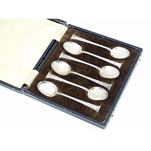 515 - A set of six silver teaspoons with stylised capitals to handles and quatrefoil detail, hallmarked Sh... 