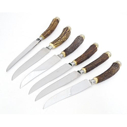 519 - A boxed set of 6 antler handled steak knives. The blades marked Eichenlaub Solingen Rostfrei. Approx... 