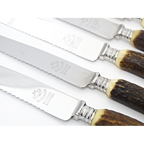 519 - A boxed set of 6 antler handled steak knives. The blades marked Eichenlaub Solingen Rostfrei. Approx... 