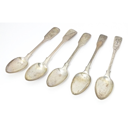 325 - Five 19thC silver Fiddle pattern teaspoons, two hallmarked London 1813, maker Alice & George Burrows... 