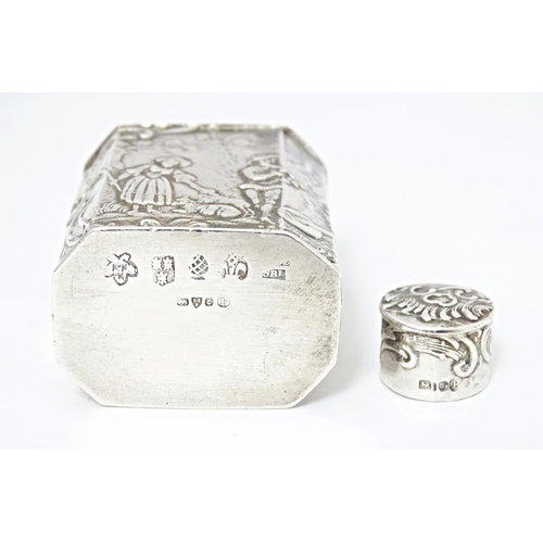 337 - A Continental silver miniature caddy / flask decorated with figures in a landscape. Import marks for... 