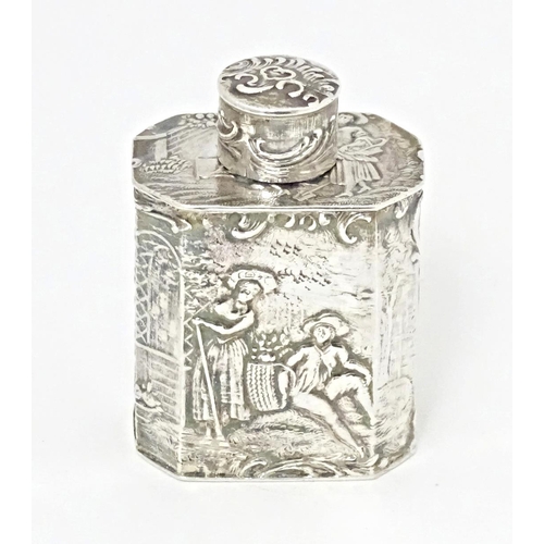 337 - A Continental silver miniature caddy / flask decorated with figures in a landscape. Import marks for... 