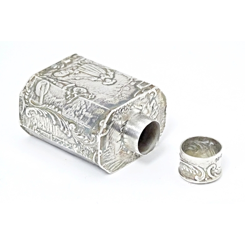 337 - A Continental silver miniature caddy / flask decorated with figures in a landscape. Import marks for... 