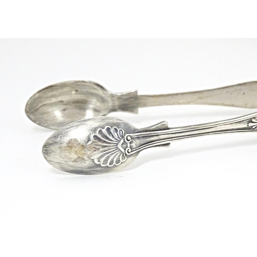 339 - Victorian silver fiddle pattern sugar tongs  hallmarked Exeter 1849 maker John Osment, together with... 