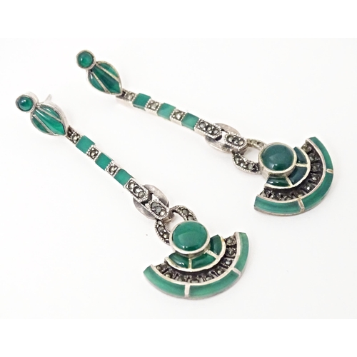 708 - A pair silver Art Deco style marcasite and green detail drop earrings. Approx 2 3/4