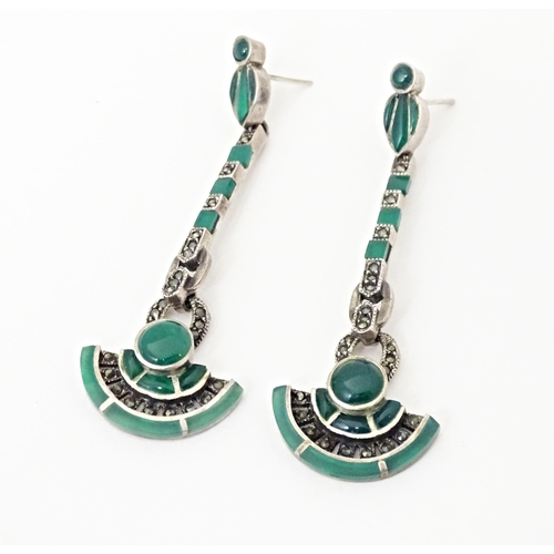 708 - A pair silver Art Deco style marcasite and green detail drop earrings. Approx 2 3/4