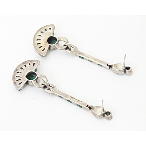 708 - A pair silver Art Deco style marcasite and green detail drop earrings. Approx 2 3/4