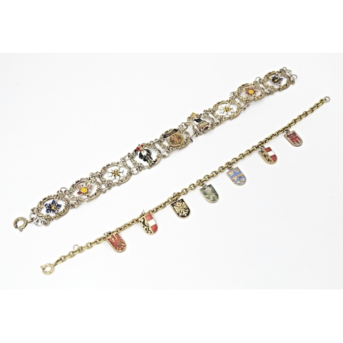 709 - Two Continental gilt metal souvenir bracelets with enamel detail , one titled Wien. Approx 7 1/2