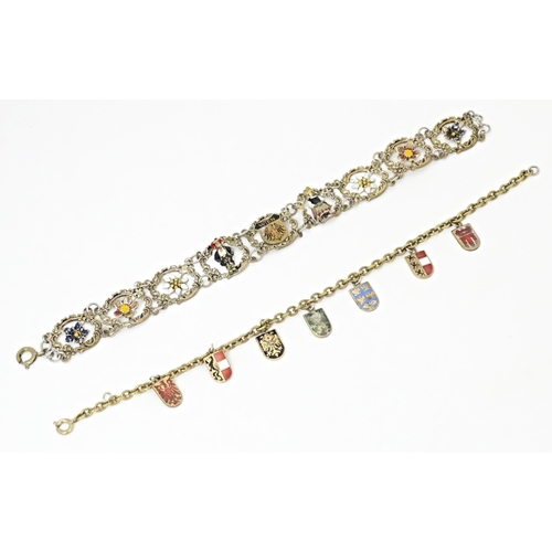 709 - Two Continental gilt metal souvenir bracelets with enamel detail , one titled Wien. Approx 7 1/2