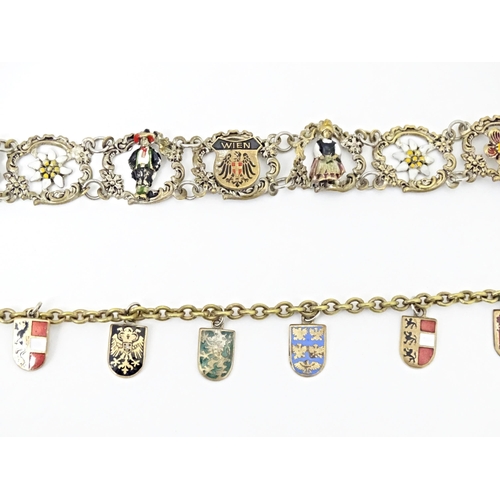 709 - Two Continental gilt metal souvenir bracelets with enamel detail , one titled Wien. Approx 7 1/2