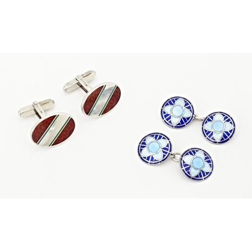 724 - Two pairs of silver cufflinks with enamel decoration. One pair hallmarked Birmingham 1950 maker E S ... 