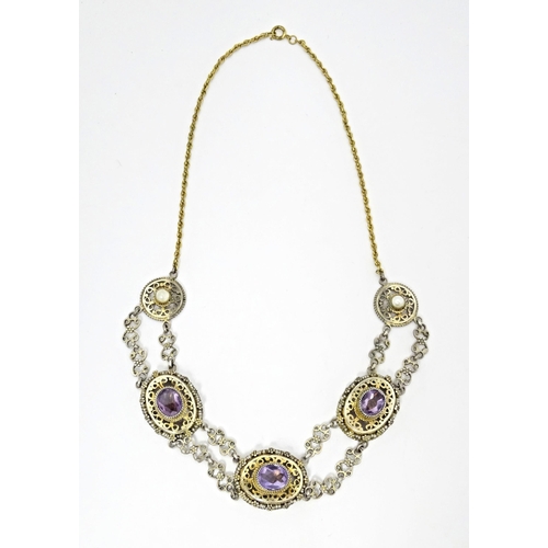 738 - A suite of gilt and white metal jewellery comprising necklace and clip earrings set with amethysts. ... 