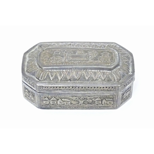 419 - A white metal snuff box with hinged lid and landscape decoration, possibly Indian / West Indies. App... 