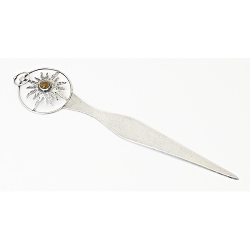 428 - A Polish .800 silver letter opener the handle surmounted by sunburst detail with central hardstone c... 