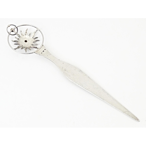 428 - A Polish .800 silver letter opener the handle surmounted by sunburst detail with central hardstone c... 