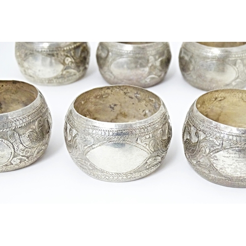 490 - A set of six white metal napkin rings with bird detail. Probably Indian (6)