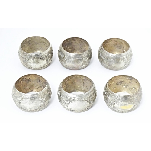 490 - A set of six white metal napkin rings with bird detail. Probably Indian (6)