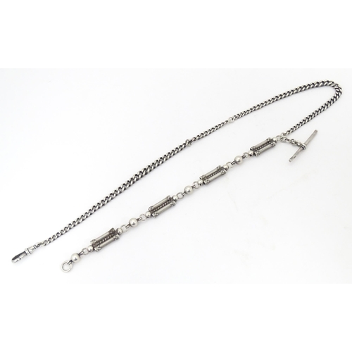 792 - A silver and white metal pocket watch chain, together with a silver plate example with watch key and... 