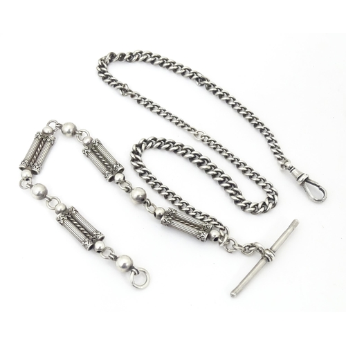 792 - A silver and white metal pocket watch chain, together with a silver plate example with watch key and... 