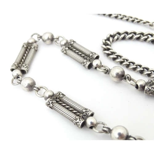 792 - A silver and white metal pocket watch chain, together with a silver plate example with watch key and... 