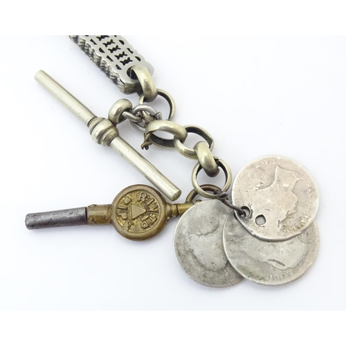 792 - A silver and white metal pocket watch chain, together with a silver plate example with watch key and... 