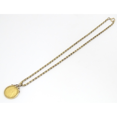 795 - An 1895 Victorian sovereign coin in a 9ct gold pendant mount, with yellow metal chain