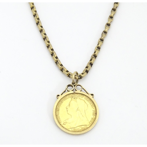 795 - An 1895 Victorian sovereign coin in a 9ct gold pendant mount, with yellow metal chain