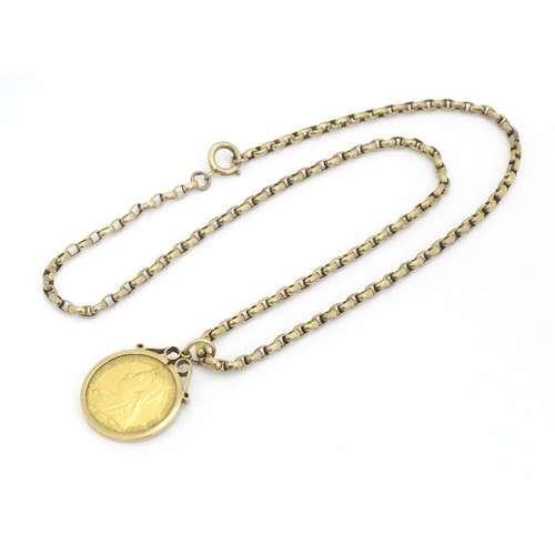 795 - An 1895 Victorian sovereign coin in a 9ct gold pendant mount, with yellow metal chain