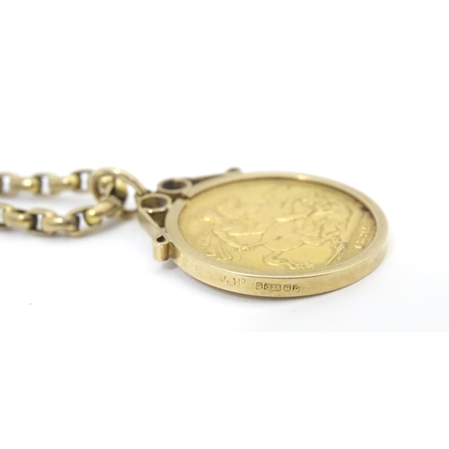 795 - An 1895 Victorian sovereign coin in a 9ct gold pendant mount, with yellow metal chain