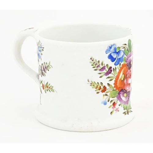 152 - A 19thC mug with hand painted floral and foliate decoration. Approx. 3