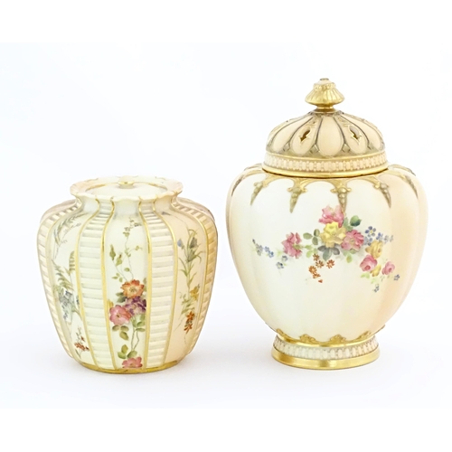 110 - A Royal Worcester blush ivory pot pourri jar / vase and cover of lobed form decorated with flowers a... 