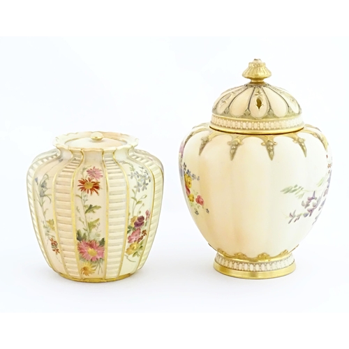 110 - A Royal Worcester blush ivory pot pourri jar / vase and cover of lobed form decorated with flowers a... 